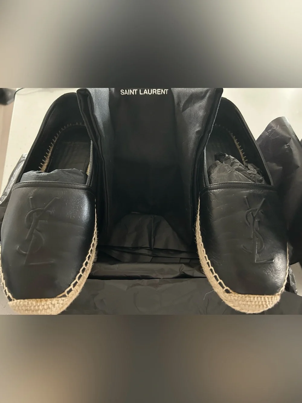 Saint Laurent Black Leather Espadrille Loafers with Jute Trim